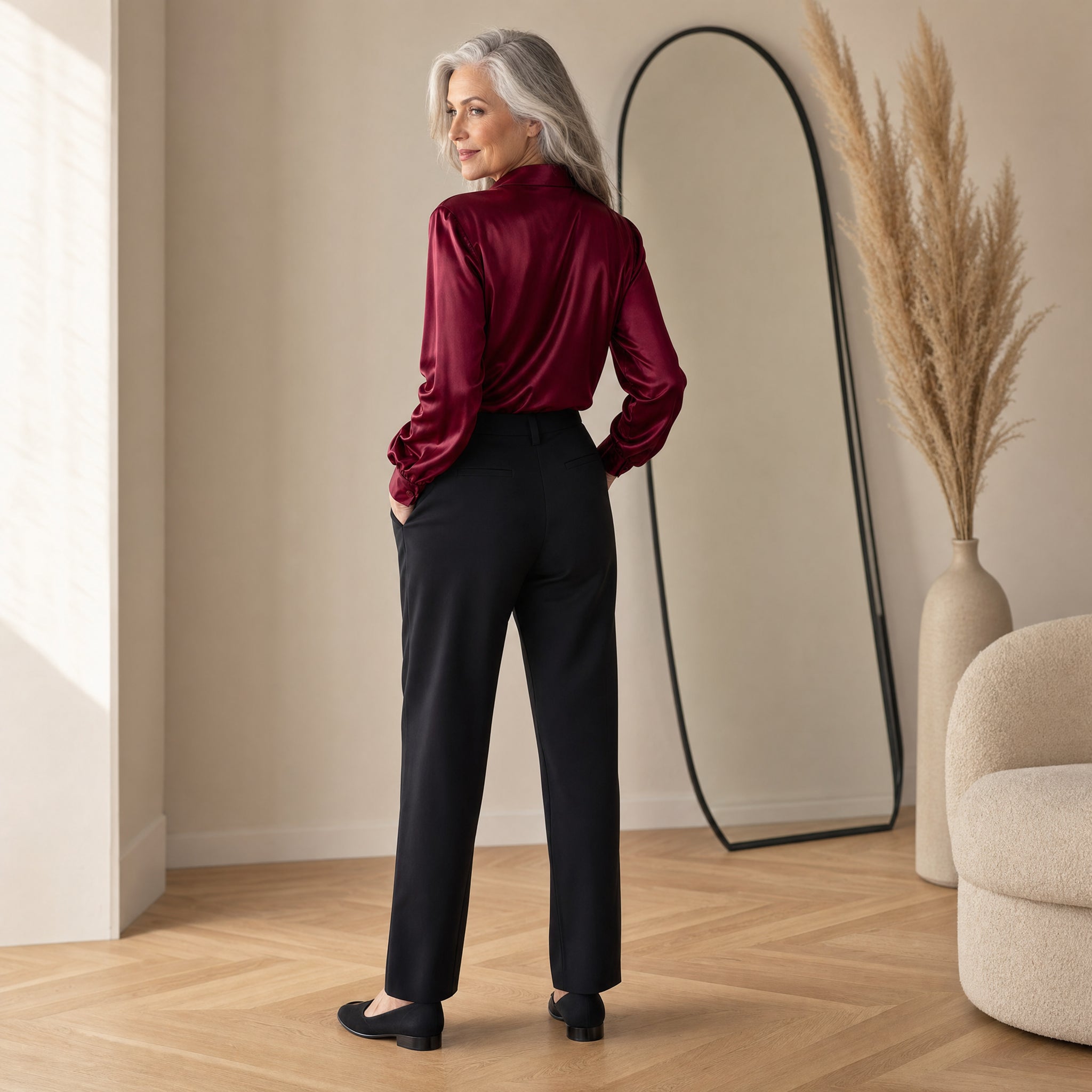 Elegante Satijnen Blouse met Lange Mouwen — back view