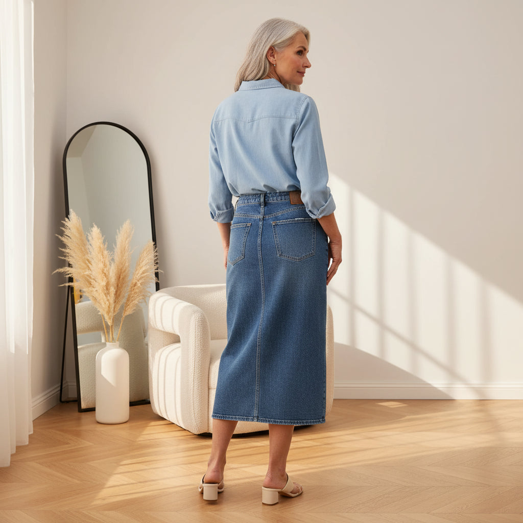 Emerald Denim Maxi Rok - 80 Wash Blauw — back view