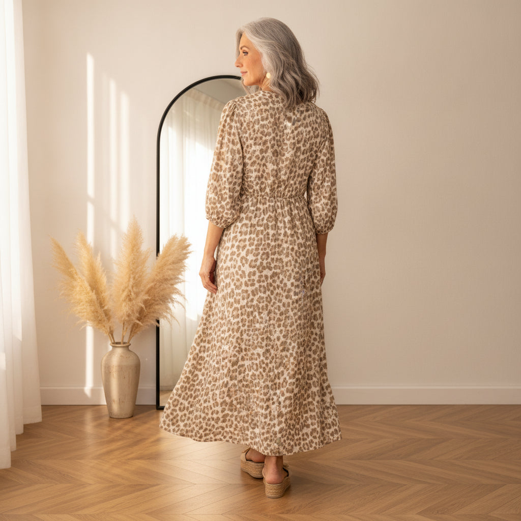 Luchtige Mousseline Jurk met Luipaardprint - Beige — back view