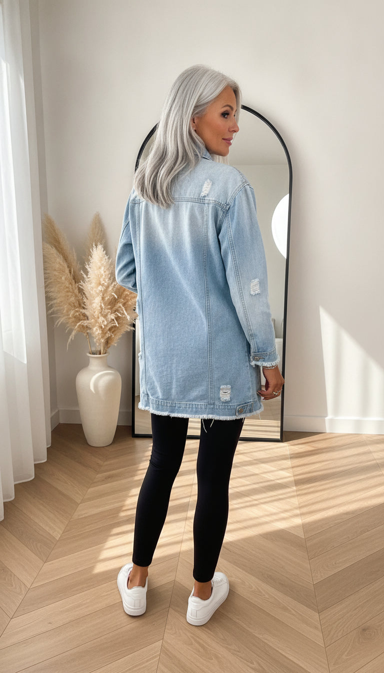 Lange Jeansjacke met Used Details - Lichtblauw — back view