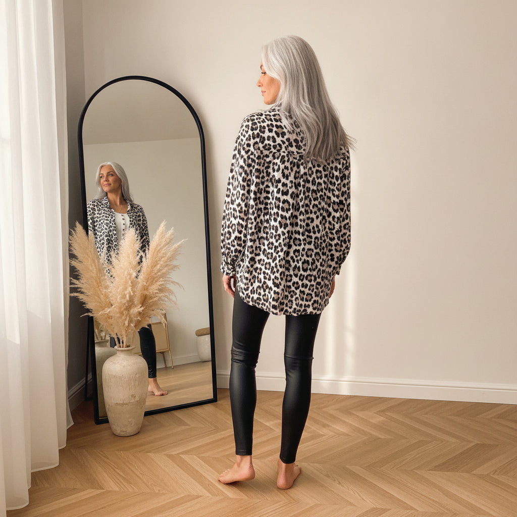 Korte Oversize Mousseline Blouse Leopard Print Crème-Beige — back view