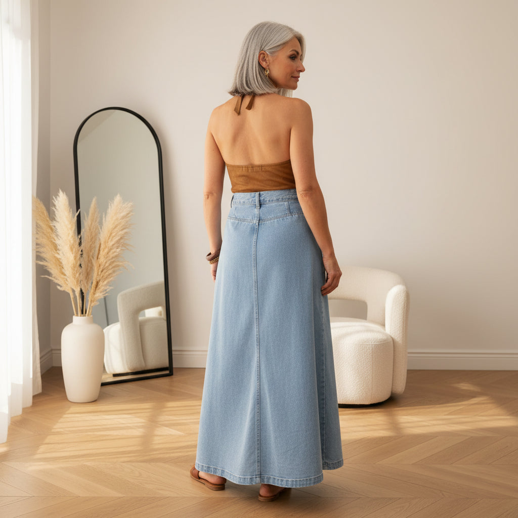 Hoge Taille Denim Rok met Riem — back view