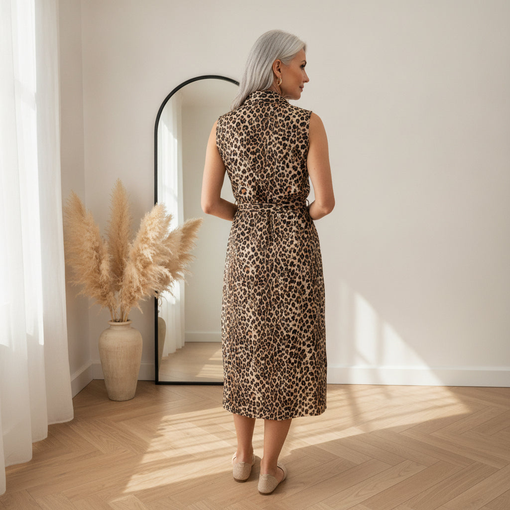 Mouwloze Blousejurk met Knopenrij en Riem in Bruine Luipaardprint — back view