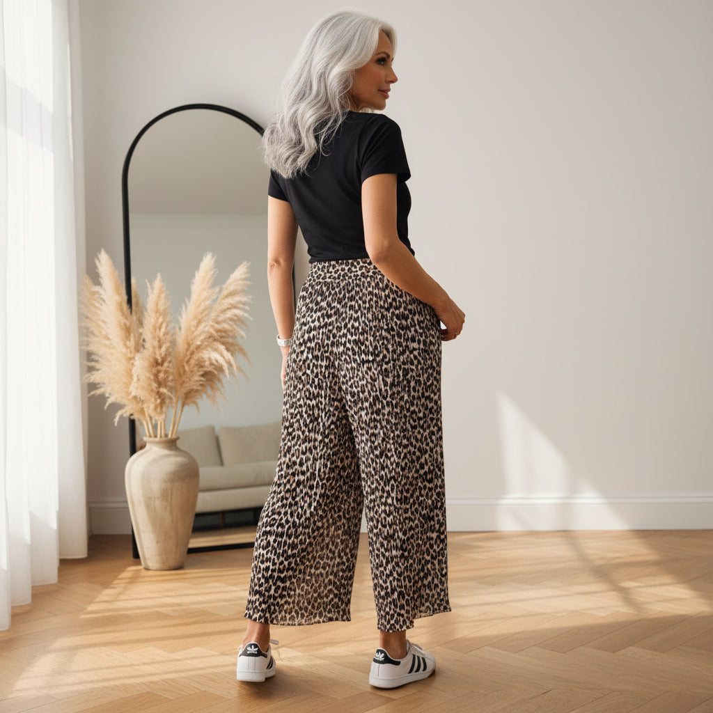 Geplisseerde Broek met Leopard Print - Zwart Beige Bruin — back view