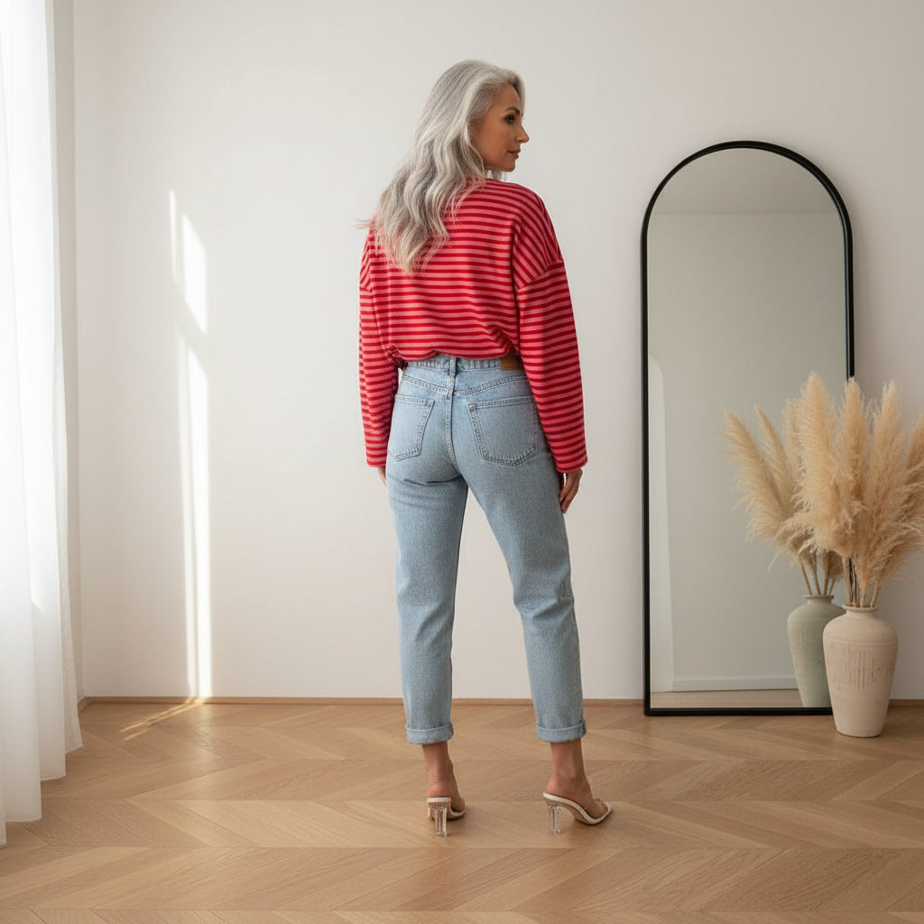Mom Blue Jeans - Klassieke Hoge Taille Mom Fit in Washing Blue — back view