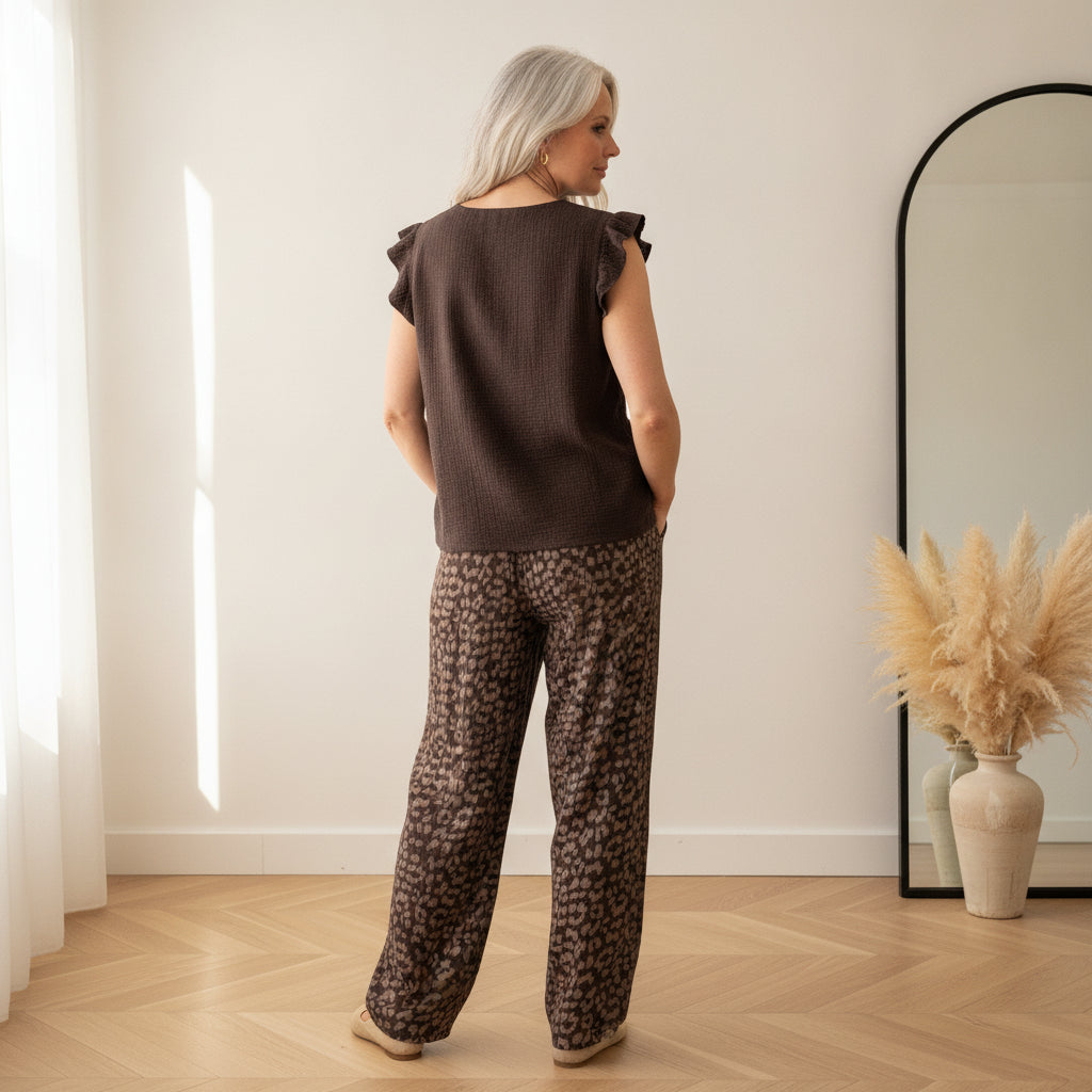 Katoenen Mousseline Top met V-Hals - Chocoladebruin — back view
