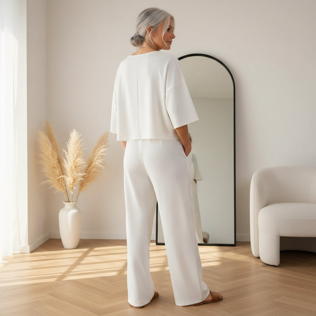 Aria | Dames Jumpsuit met Korte Mouwen en Wijde Pijpen — back view