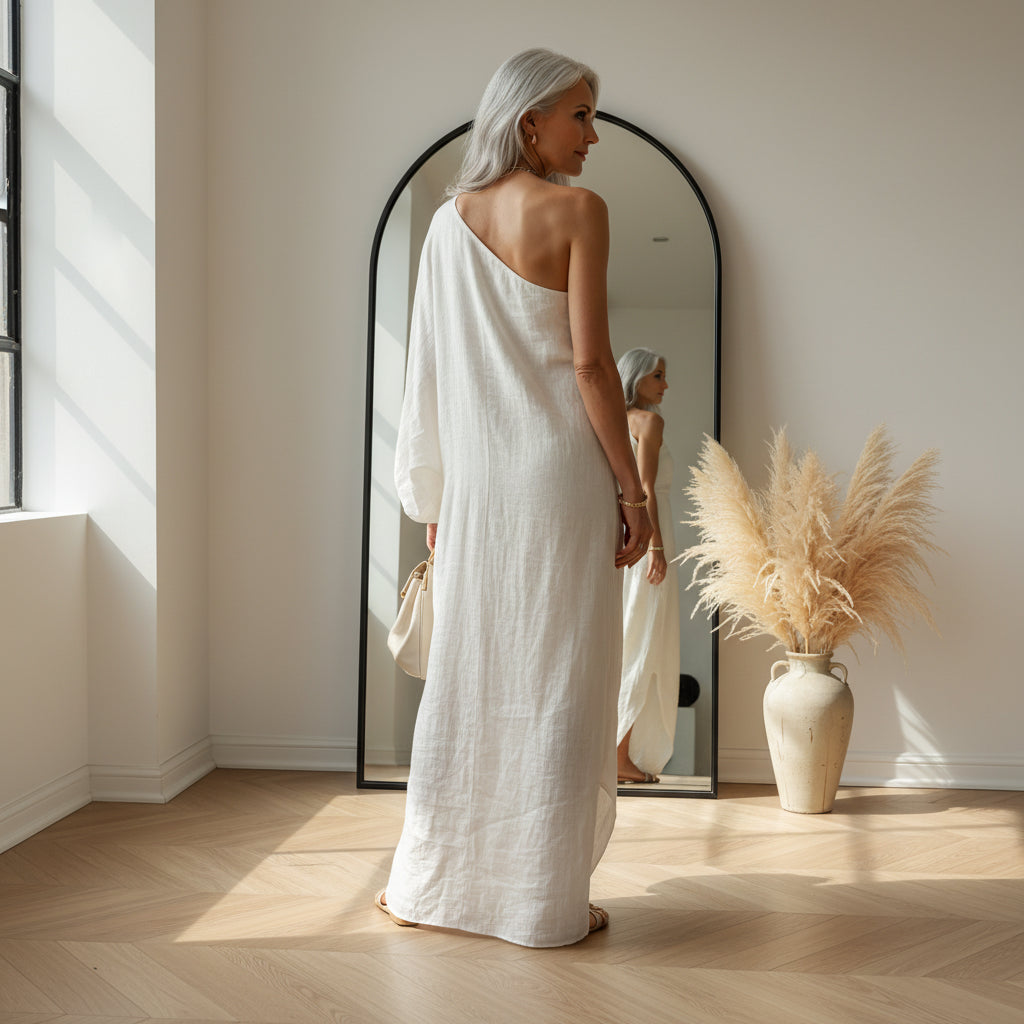 Ivoor Linnen Maxi Jurk Off-Shoulder — back view