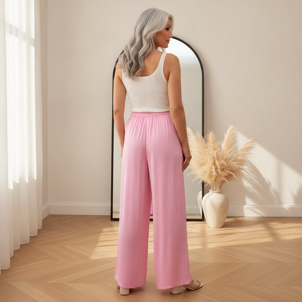 Luxe Viscose Broek met Satijnen Glans - Zacht Roze — back view