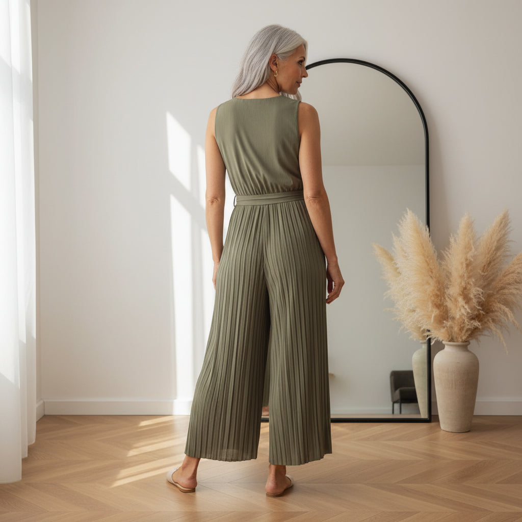 Elegante Geplisseerde Jumpsuit met Wikkel Look - Khaki — back view