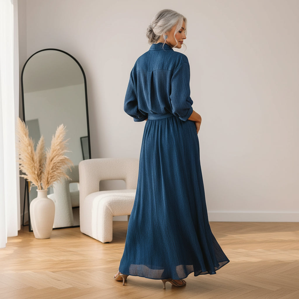 Elegante Donkerblauwe Blouse & Lange Rok Set — back view