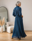 Elegante Donkerblauwe Blouse & Lange Rok Set — back view