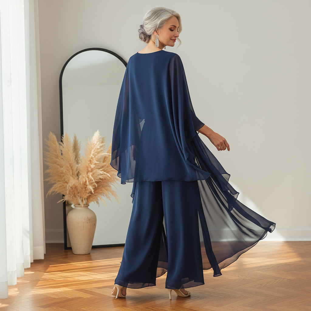 Elegant Chiffon Tweedelig Set met Ruches - Marineblauw — back view