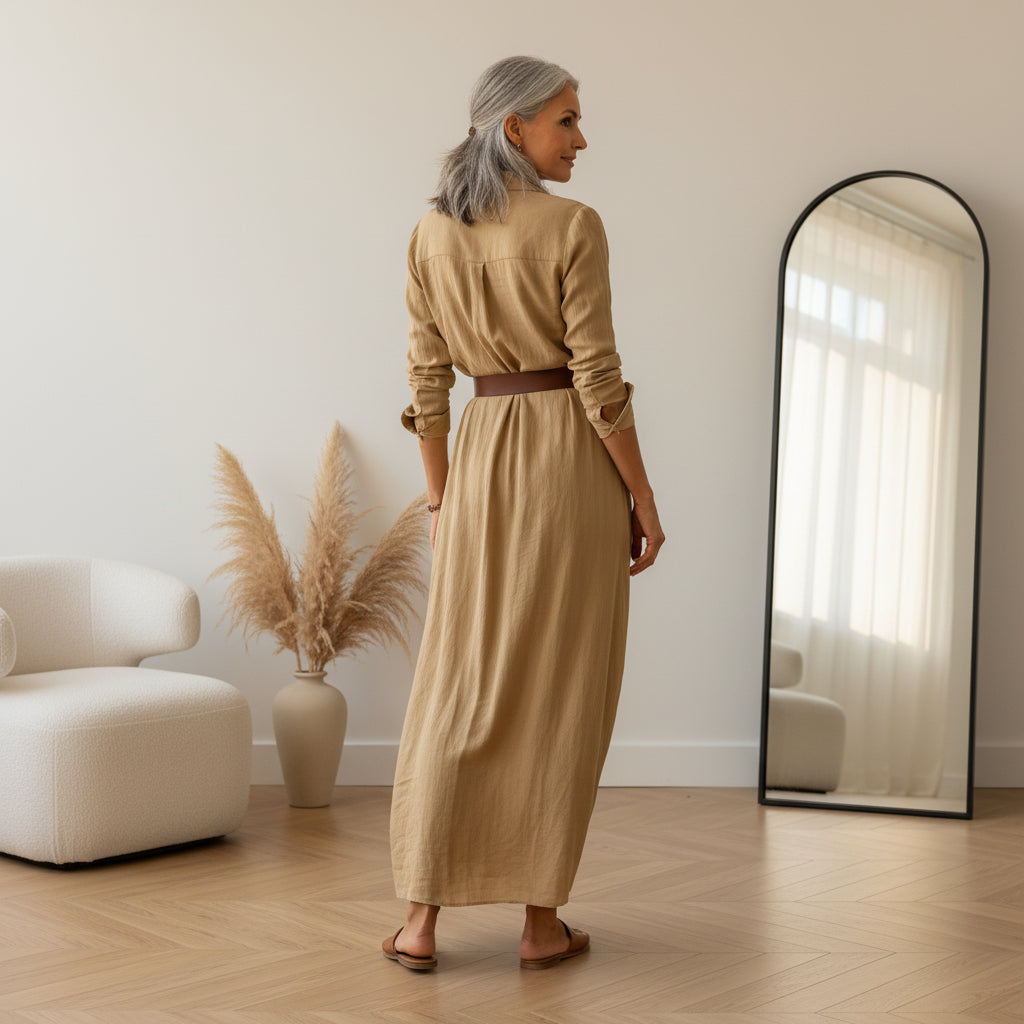 Elegante Maxi Jurk met Ceintuur en Revers voor Dames — back view