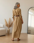 Elegante Maxi Jurk met Ceintuur en Revers voor Dames — back view