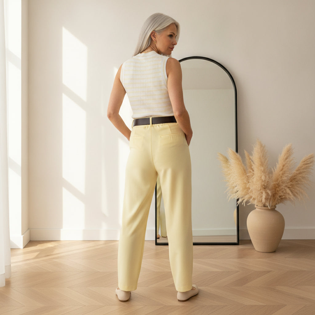 Cara Stripes Elegant Gebreid Top van Viscose - Wit/Geel — back view
