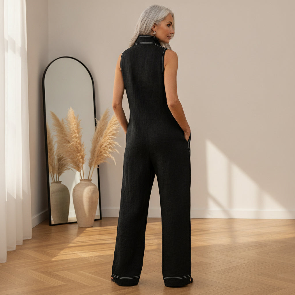 Mouwloze Tuinbroek met Witte Zoom — back view