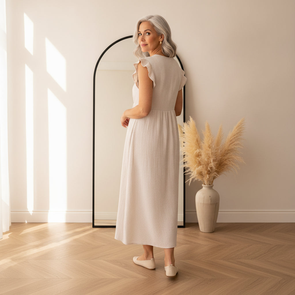Leonora Mousseline Jurk - Beige — back view