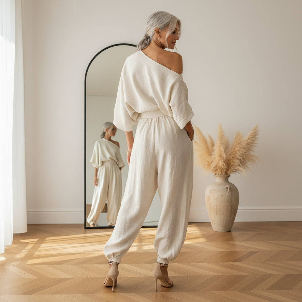 Linnen Set Off-Shoulder Top met Broek — back view