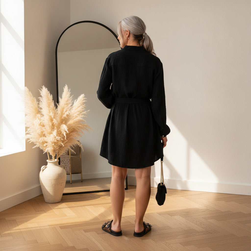 Filipa Mousseline Jurk - Zwart — back view