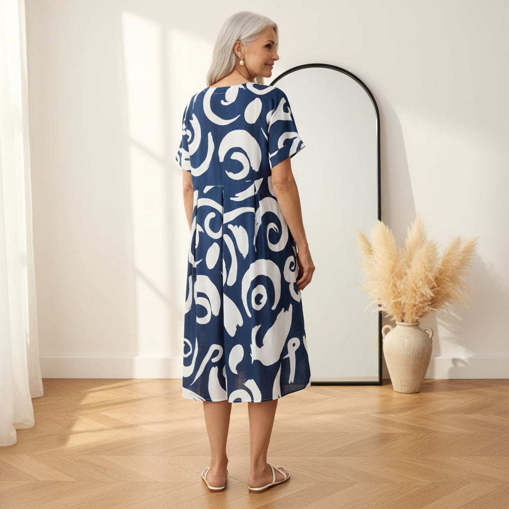 Linnen Midi Jurk met Abstract Print en Geplooide Taille — back view