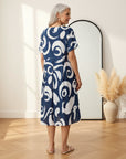 Linnen Midi Jurk met Abstract Print en Geplooide Taille — back view