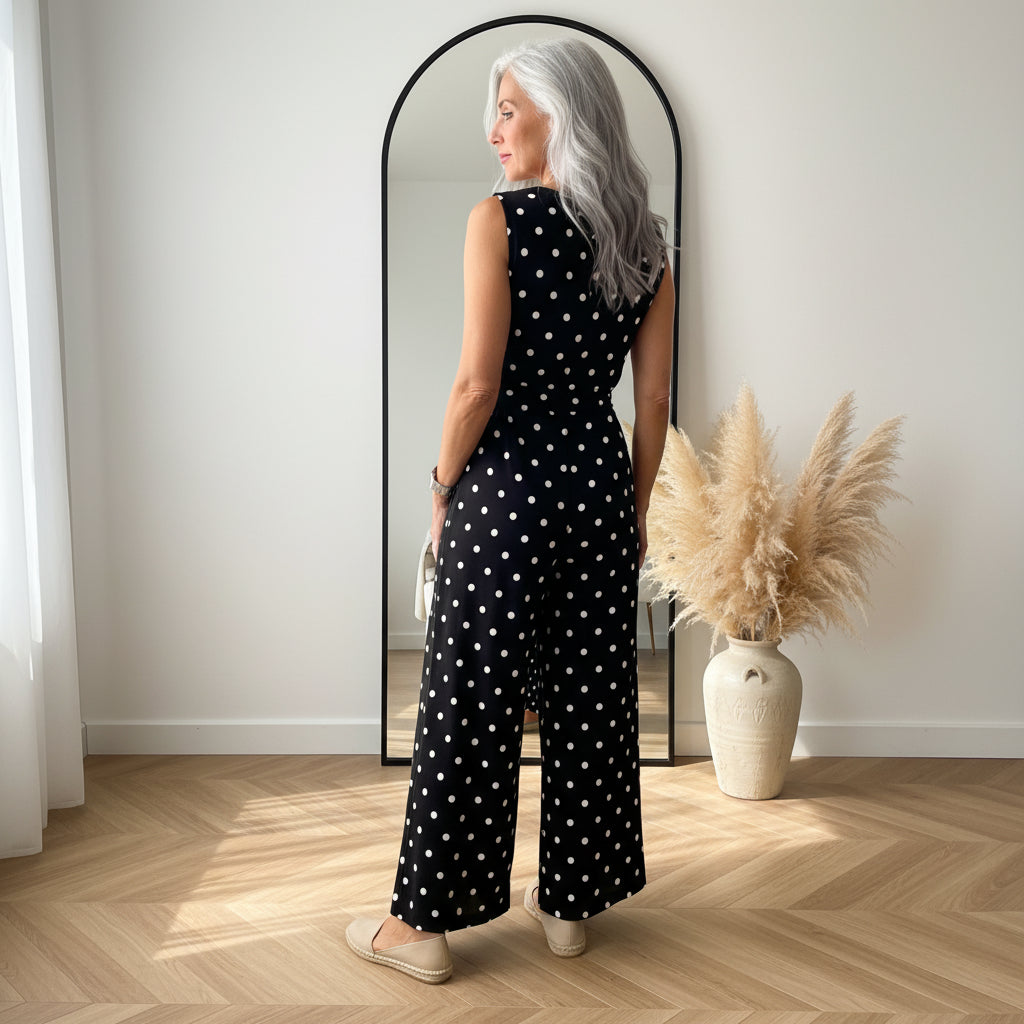 Geplisseerde Lange Jumpsuit met Elegante Halslijn - Zwart-Wit Stippenprint — back view