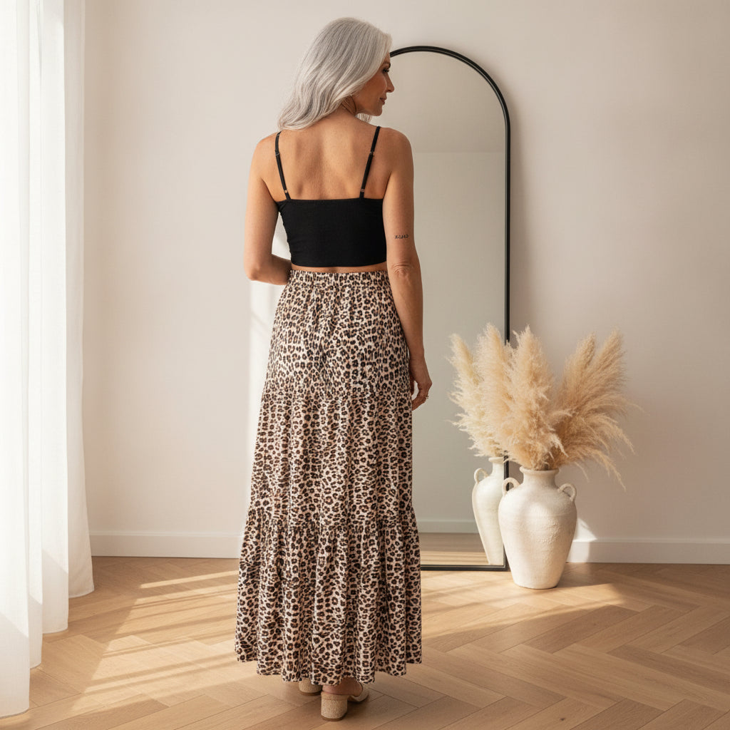 Maxi Viscose Leopard Rok - Elegante Tijdloze Stijl — back view