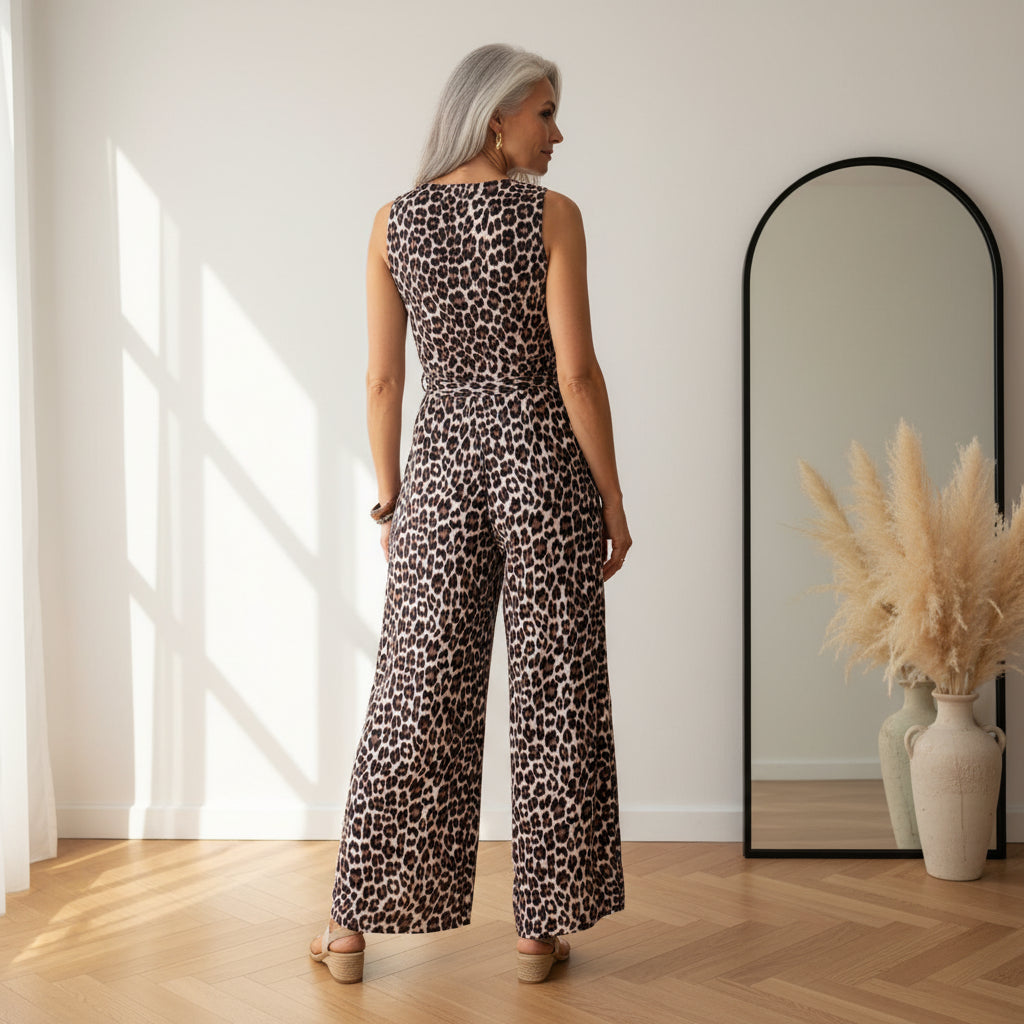 Elegante Plissé Jumpsuit met Luipaardprint - Crème, Bruin, Zwart — back view