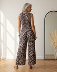 Elegante Plissé Jumpsuit met Luipaardprint - Crème, Bruin, Zwart — back view