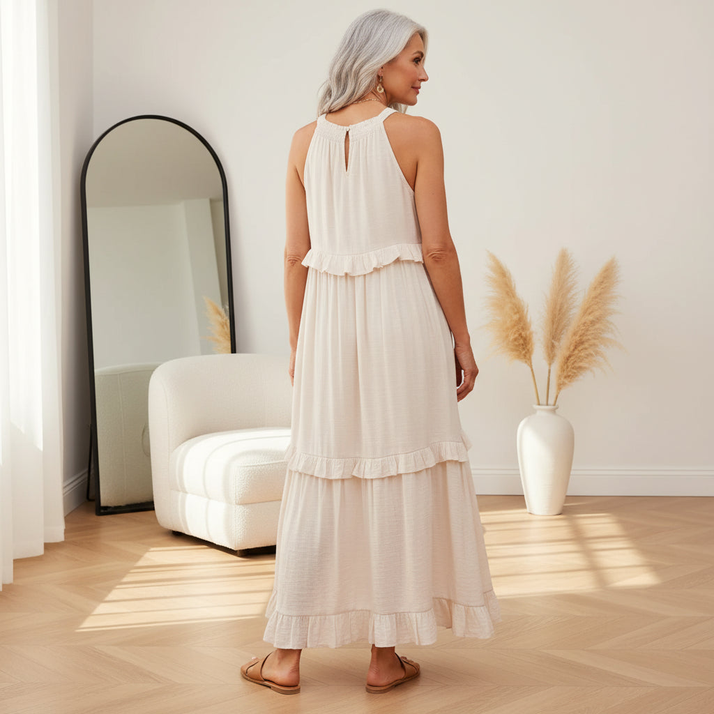 Courtney™ | Elegante Mouwloze Jurk met Ruches — back view