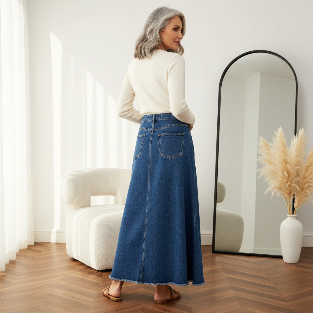 Denim Patchwork Maxi Rok met Wijd Uitlopende Pasvorm — back view