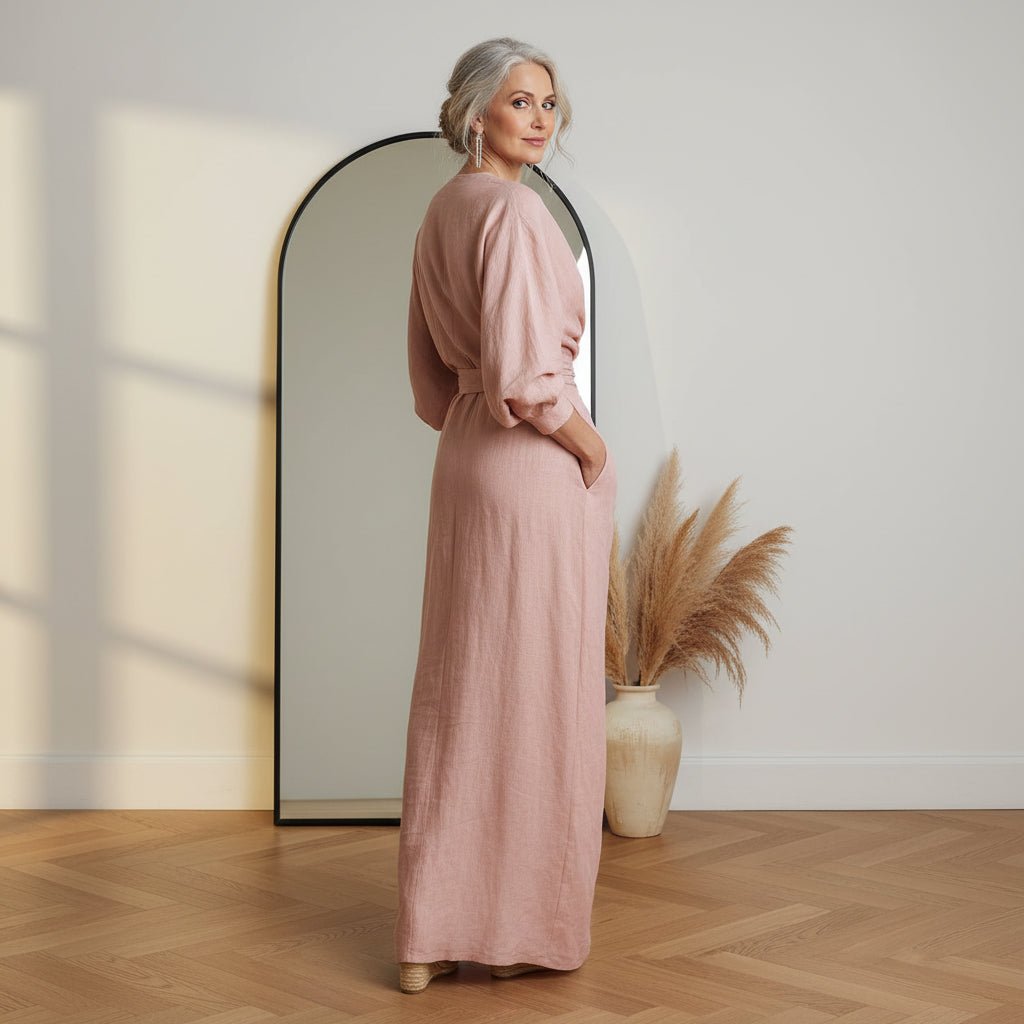 Linnen Maxi Jurk met V-Hals - Elegante Zomerjurk — back view