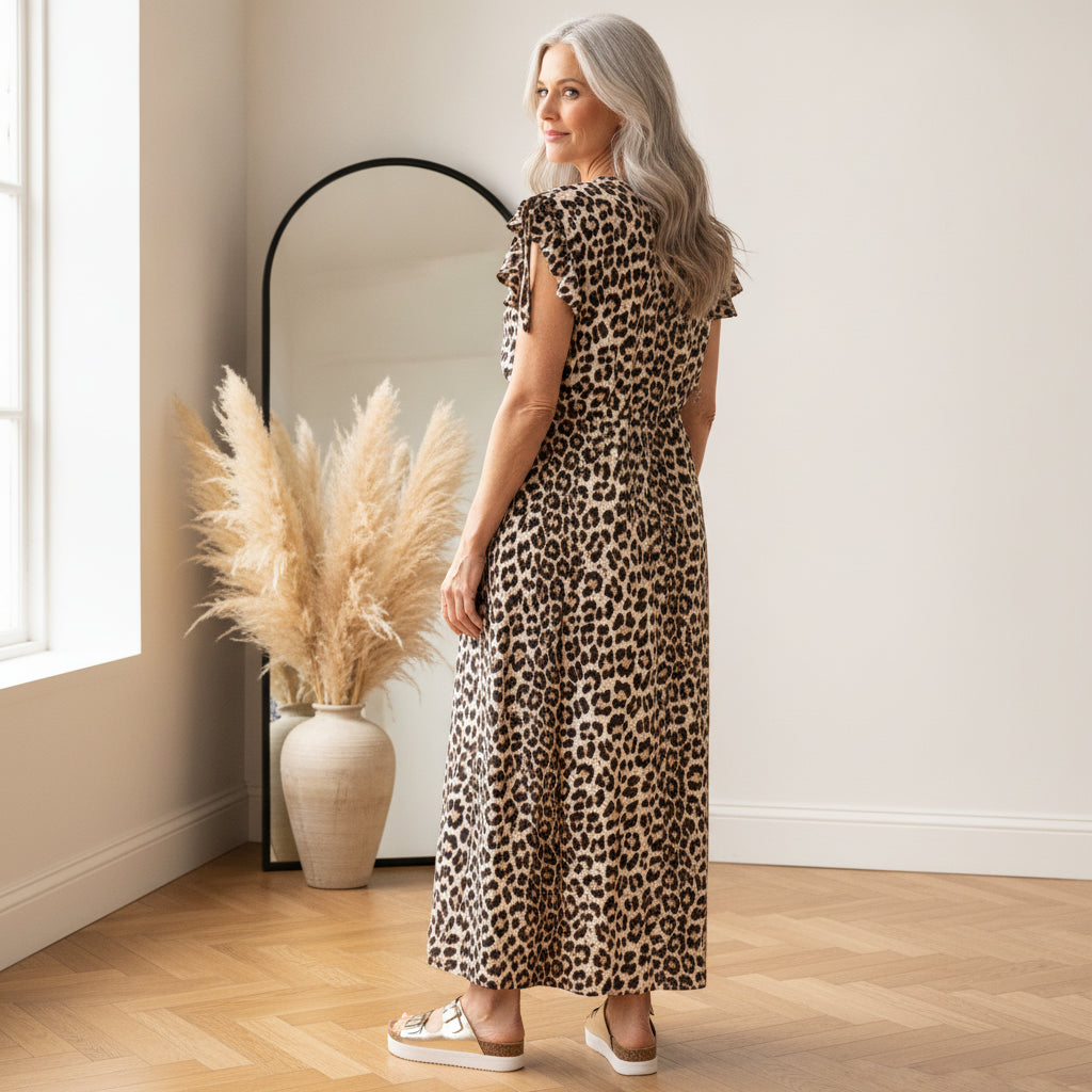 Leonora Mousseline Jurk - Luipaard/Bruin — back view