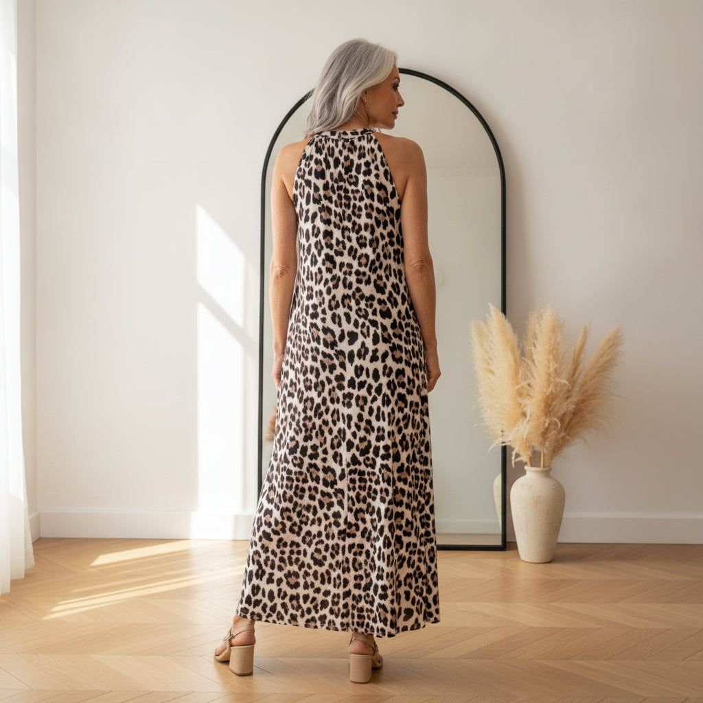 Lang Vloeiend Leopard Jurk - Beige Zwart Bruin — back view