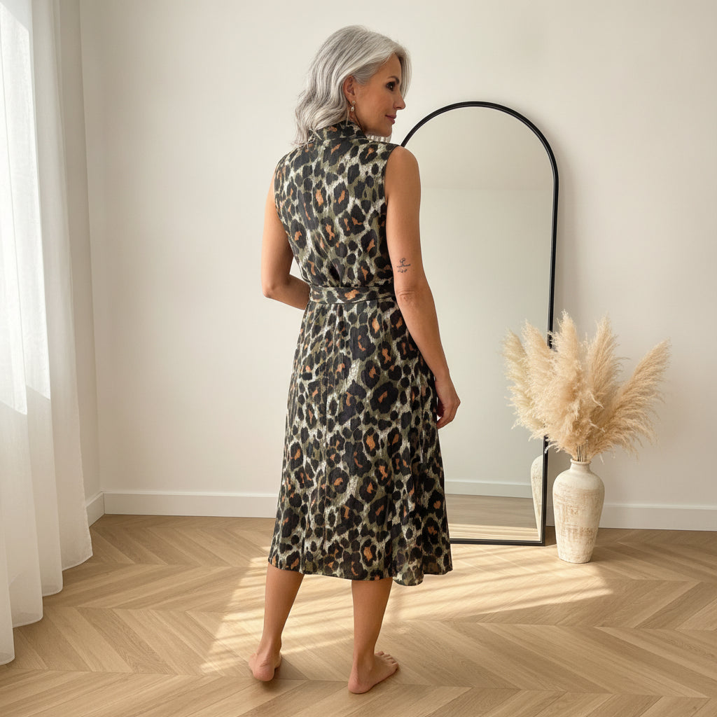 Mouwloze Blousejurk met Knopenrij en Riem - Khaki, Zwart, Cappuccino — back view