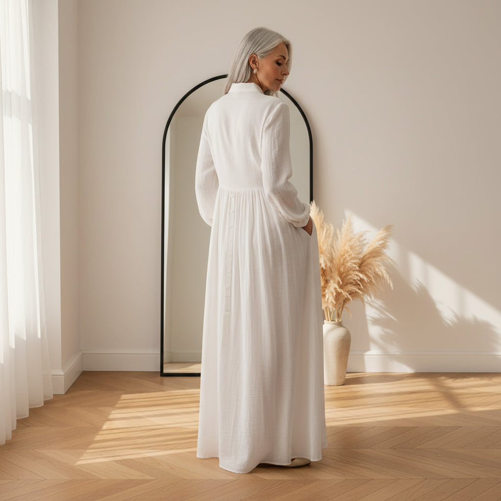 Patchwork Linnen Maxi Jurk met Staande Kraag — back view