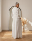 Patchwork Linnen Maxi Jurk met Staande Kraag — back view