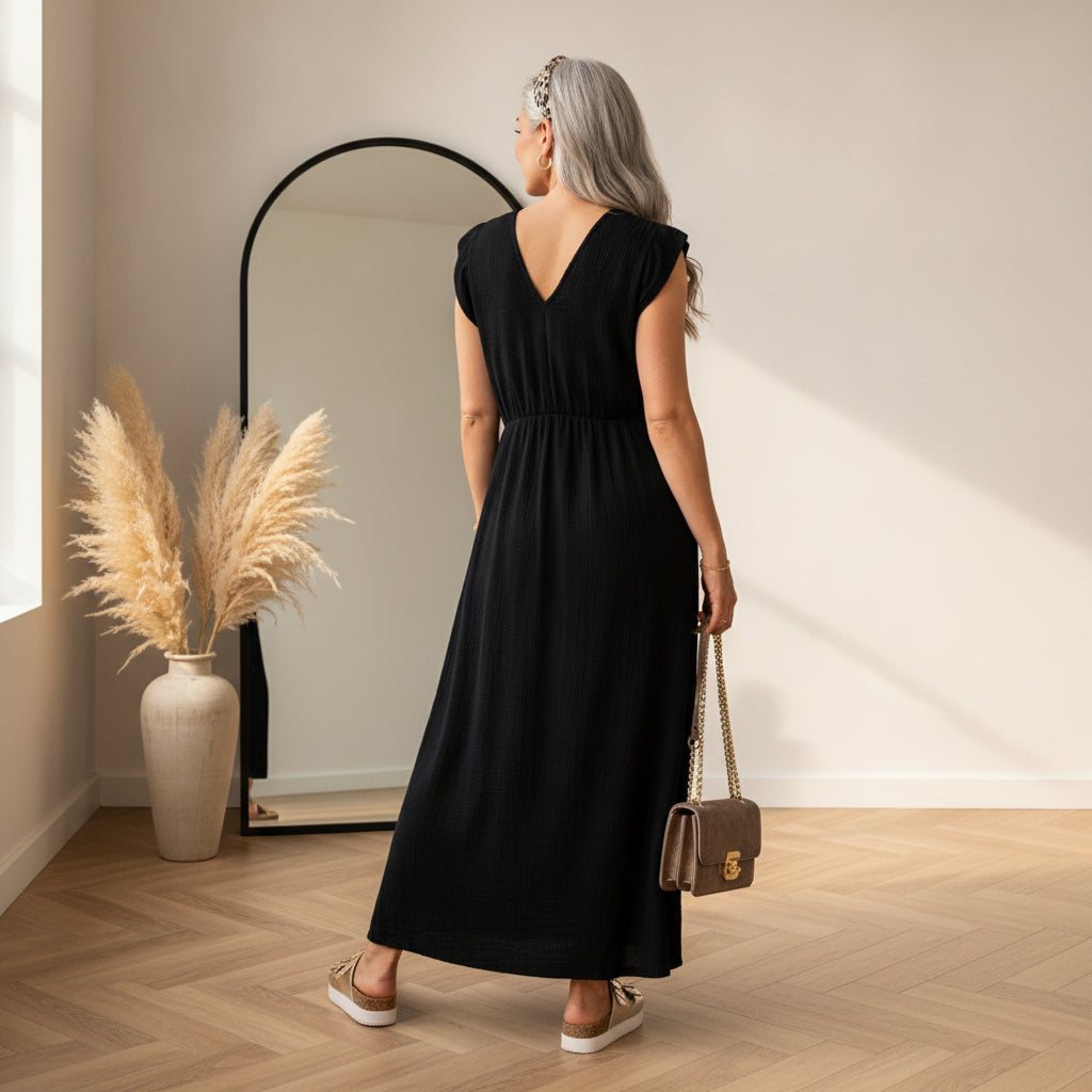 Leonora Mousseline Jurk - Zwart — back view
