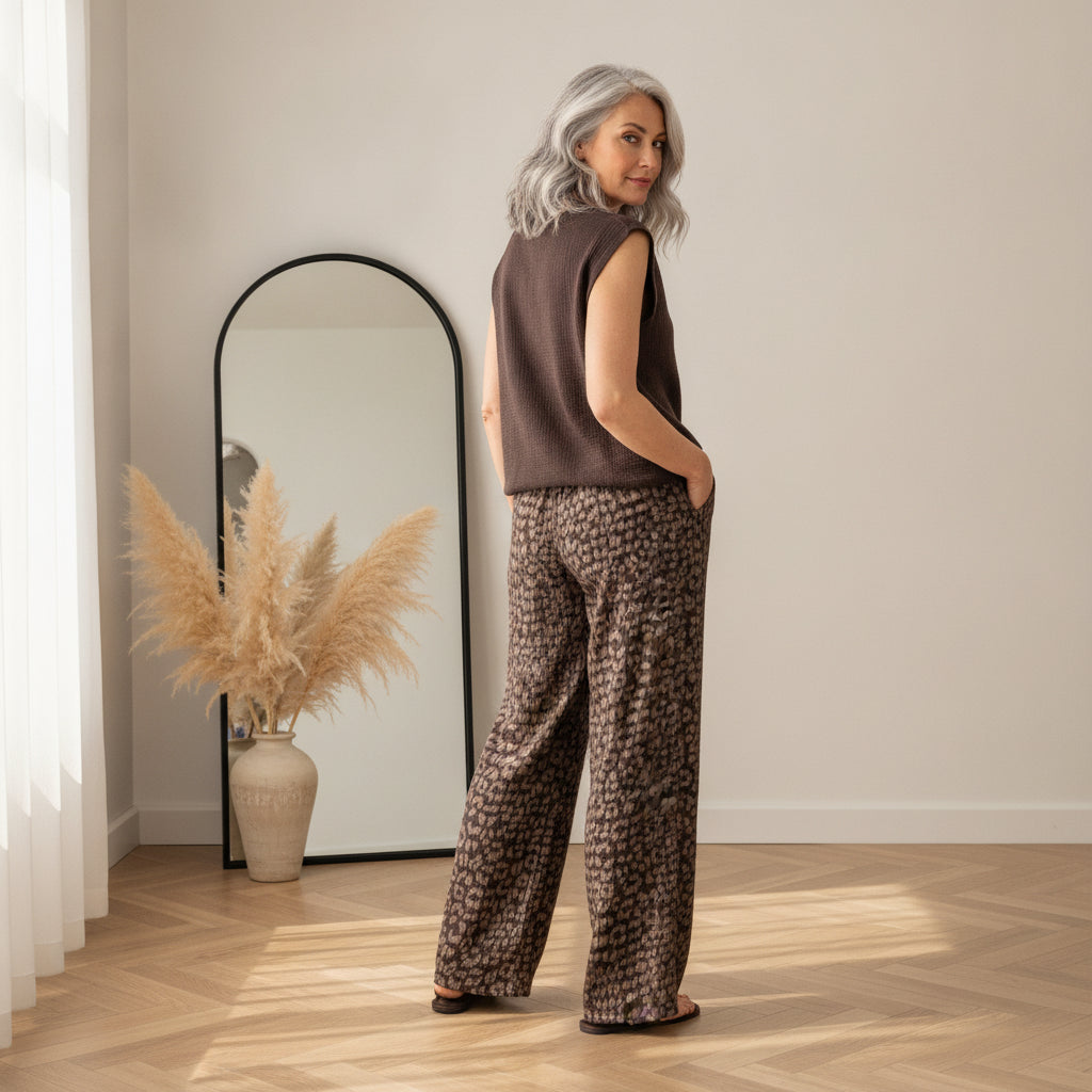 Zachte Katoenen Musselin Broek met Leopardprint - Bruin/Mocca — back view