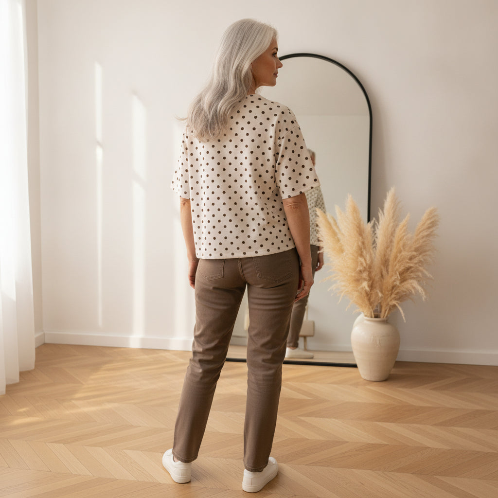 Zacht Viscose T-Shirt met Stippenprint - Beige/Bruin — back view