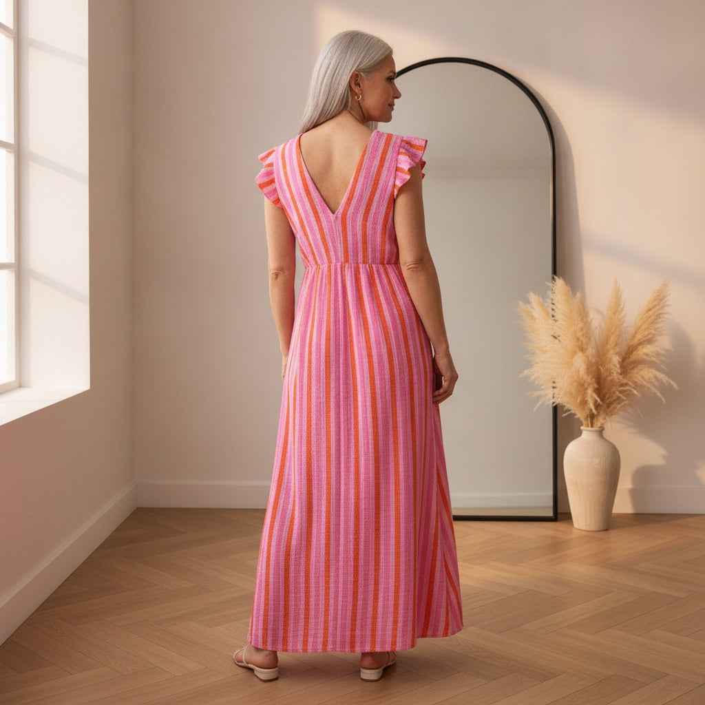 Pianosa Stripes Maxi Jurk met Musselin - Roze/Oranje — back view