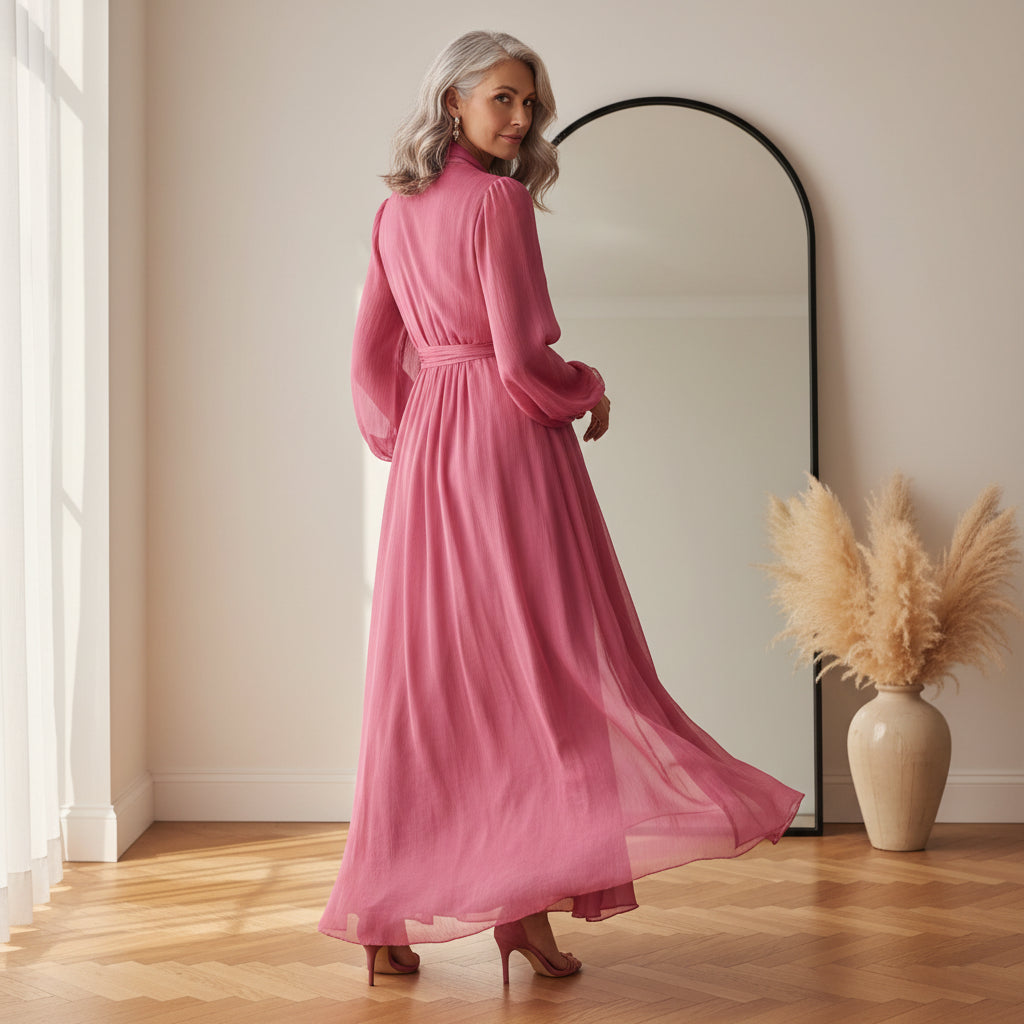 Roze Chiffon Jurk met V-Hals en Parelbezetting — back view