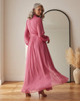 Roze Chiffon Jurk met V-Hals en Parelbezetting — back view