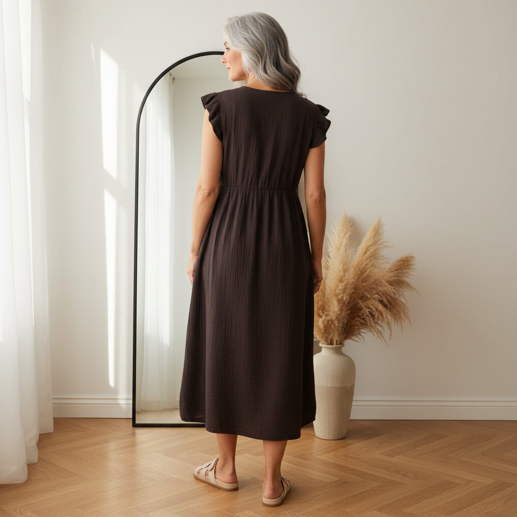 Leonora Mousseline Jurk - Espresso — back view