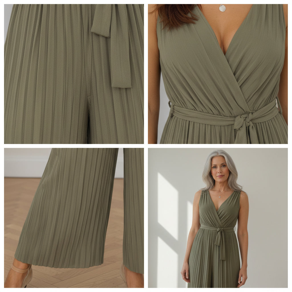 Elegante Geplisseerde Jumpsuit met Wikkel Look - Khaki — details