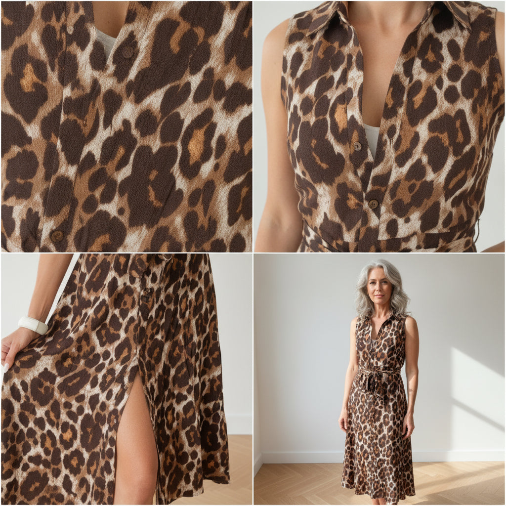 Mouwloze Blousejurk met Knopenrij en Riem in Bruine Luipaardprint — details