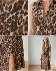 Mouwloze Blousejurk met Knopenrij en Riem in Bruine Luipaardprint — details