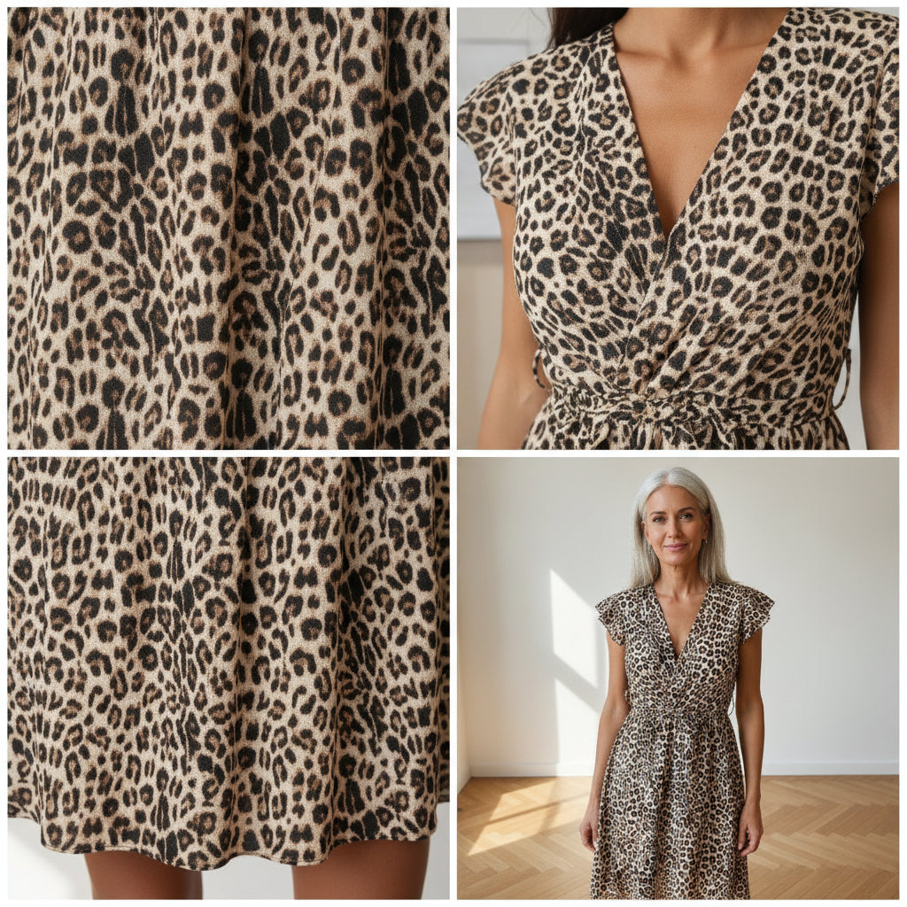 Luchtig Leopard Jurk met Korte Mouwen - Beige Bruin Zwart — details