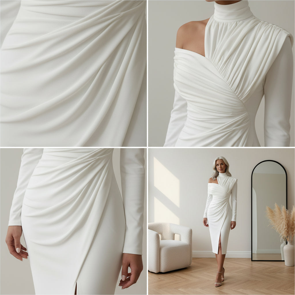Asymmetrische Gedrapeerde Avondjurk met Hoge Hals en Eén Schouder — details